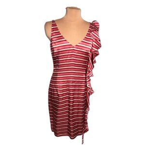 Badgley Mischka 100% Silk Striped Ruffle Dress Size 6 Pink Red Cocktail